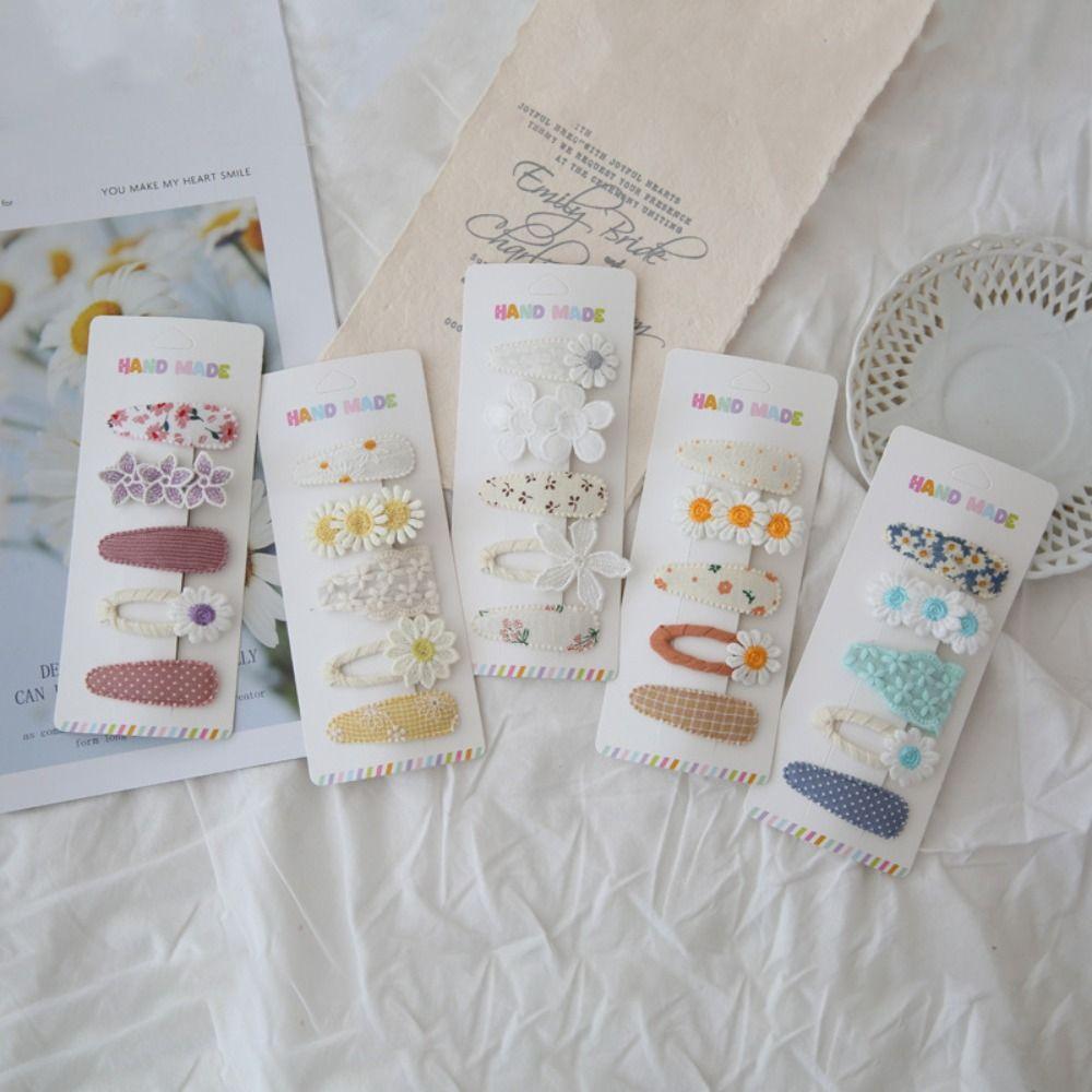 5PCS Cute Girls BB Clips Cotton Sweet Flower Hairpins Embroidered Bangs Hairclips  Hair Accessories