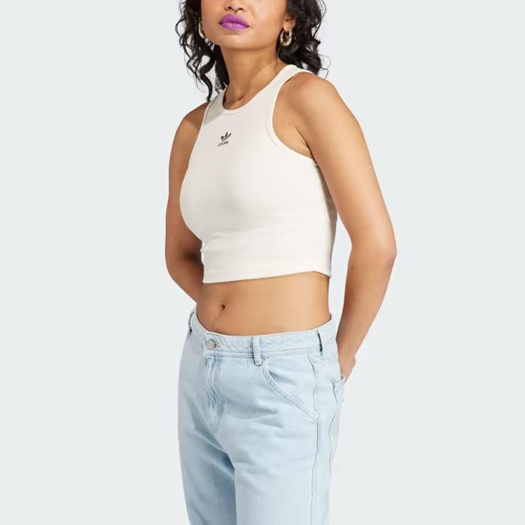 Adidas Originals Essentials Rib Tank Top Solid Logo Slim Fit Round Neck Vest Women Tops Off-White IJ8257