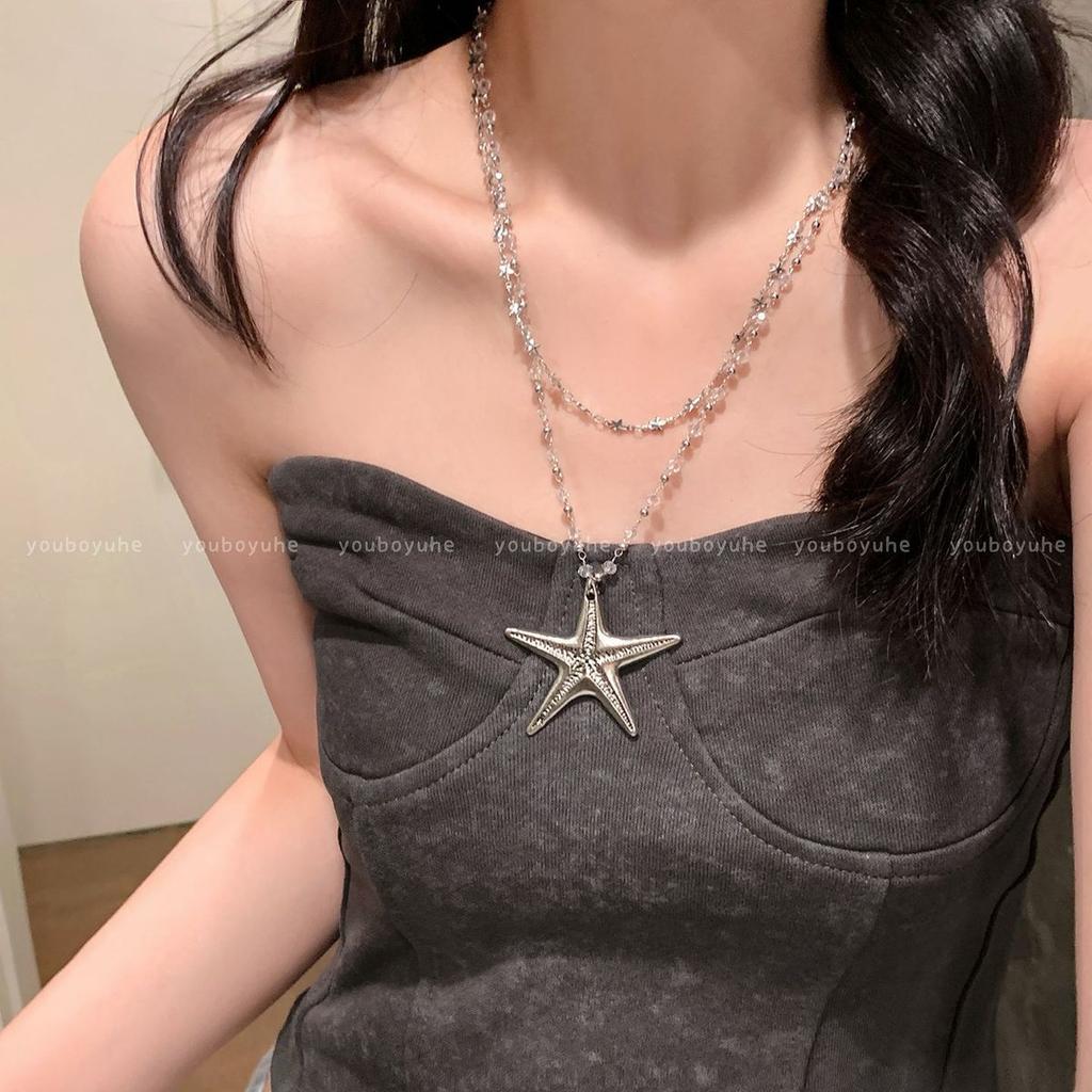 Double-layer stacked starfish beaded necklace women's high-end niche long sweater chain light luxury Spice Girl style neck chain accessories