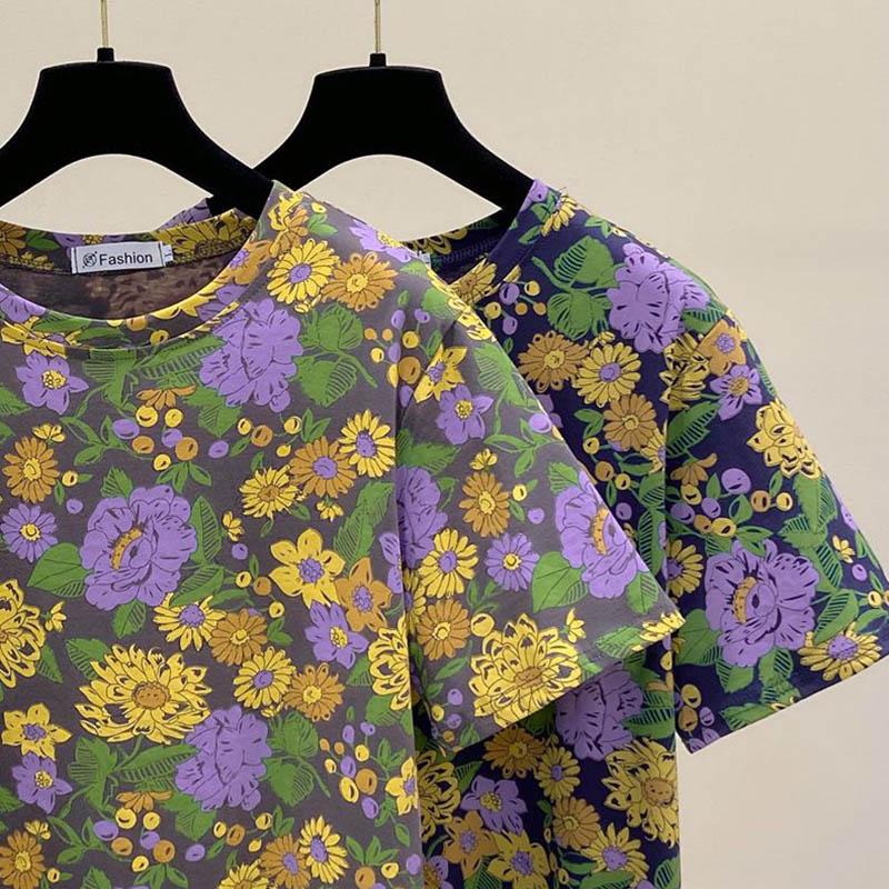 Tops Women Cotton Summer Large Size T-shirt Round Neck Loose Printed Casual Pullover T-shirt Top