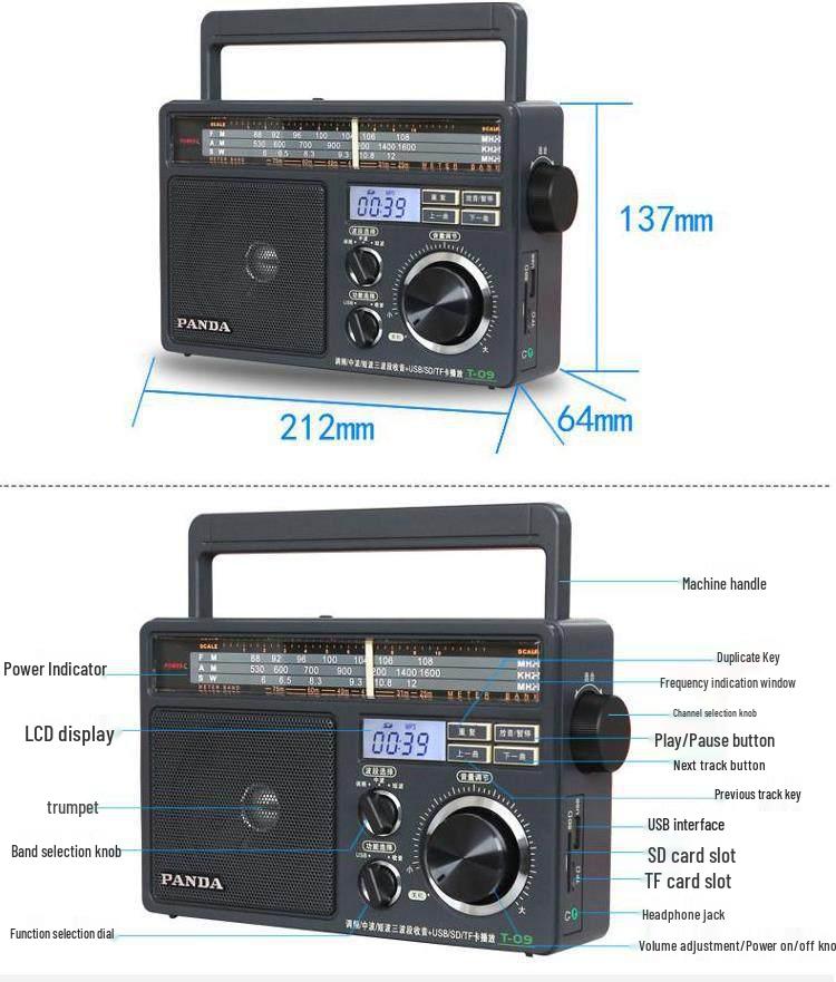PANDA T-09 Radio: Portable Full Band FM AM SW with Card Slot for Seniors
