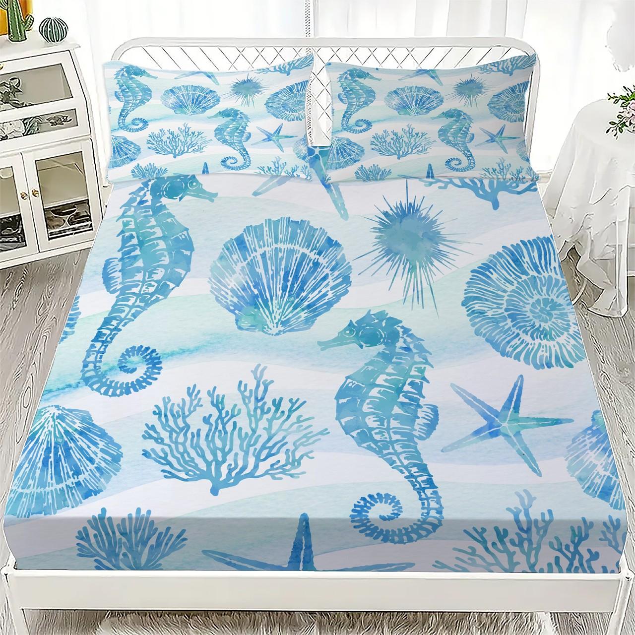 

Color Option Seashell Starfish Ocean Theme Fitted Sheet Set 100% Cotton Bed Sheet with Sea Creatures Print for Coastal Bedroom only 2 pillowcases