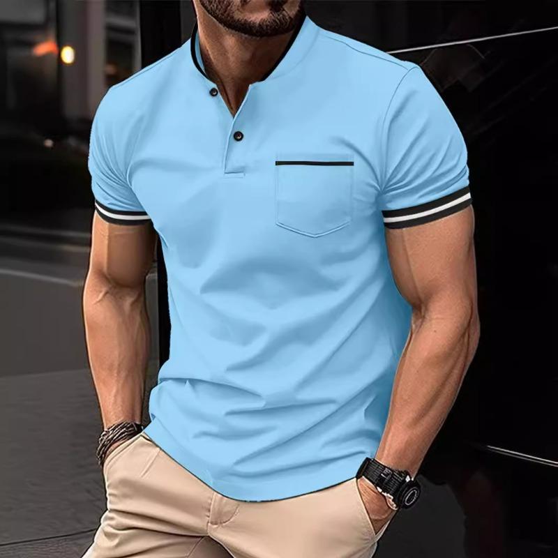 Men's Spring New Solid Color Stand Collar Pocket Casual Versatile Short Sleeve Top