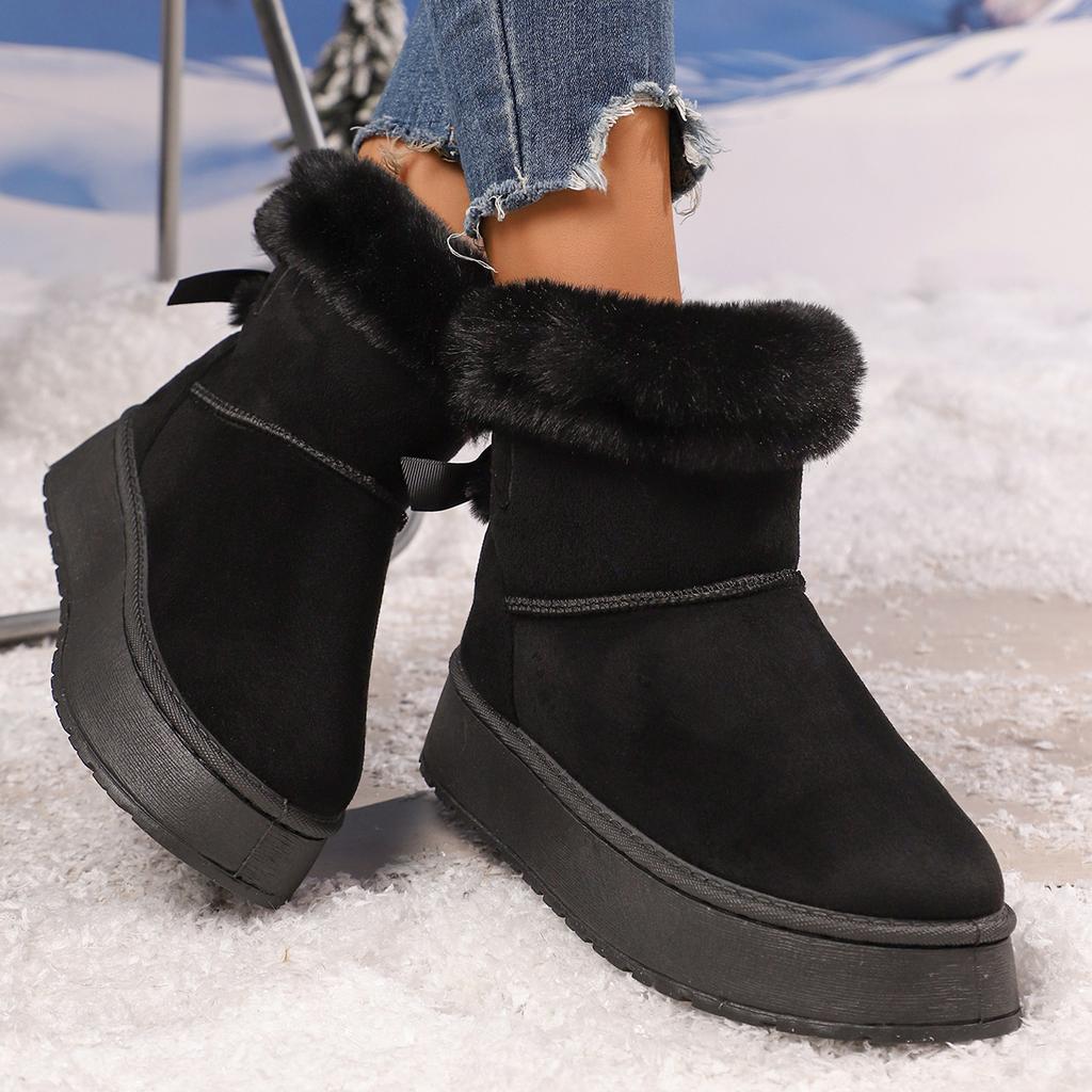 Fashion Fashionable Bow Round Toe Elegant Snow Boots Winter Flat Wear-resistant Comfortable Soft Students Plus Velvet Warm Women Shoes