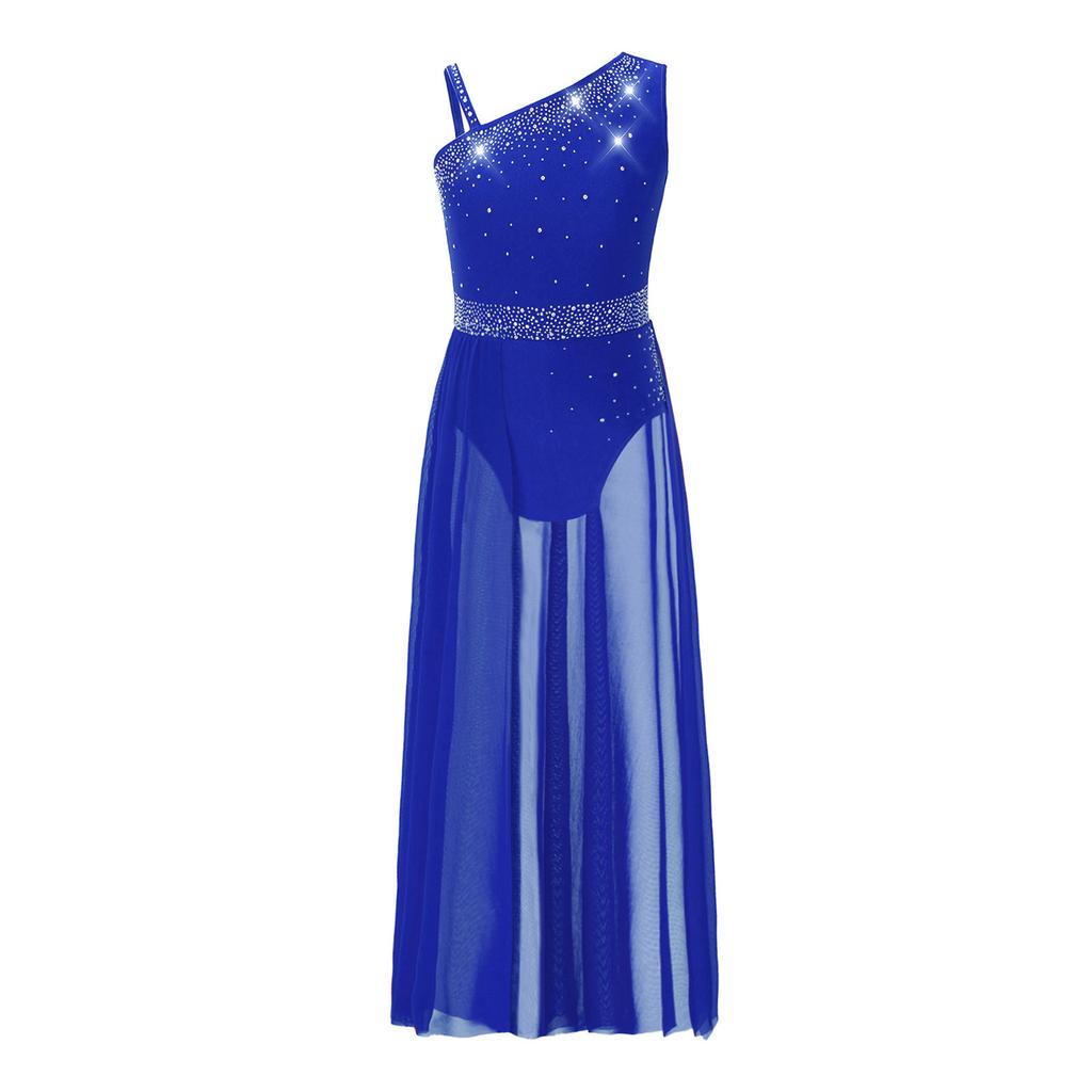 Girls Glittery Lyrical Dance Costume Colorful Rhinestones Asymmetrical Shoulder Sleeveless Sheer Mesh Skirted Leotard