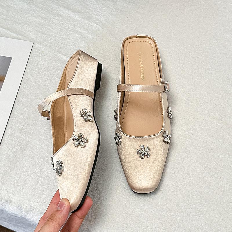 Fashion Sparkling Rhinestone Satin Flat Sandals Women Fairy Core Slip On Mules for Dress Outfits
