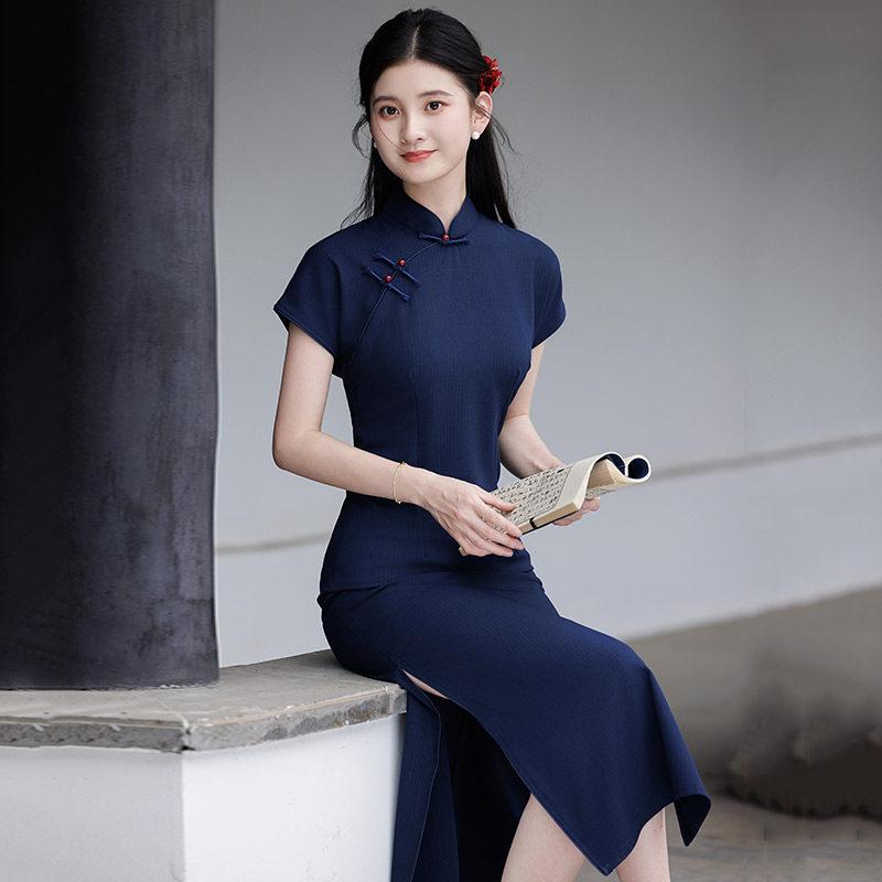 Navy blue Republic of China style new Chinese style Suzhou long cheongsam improved young women's high sense can be worn daily in summer