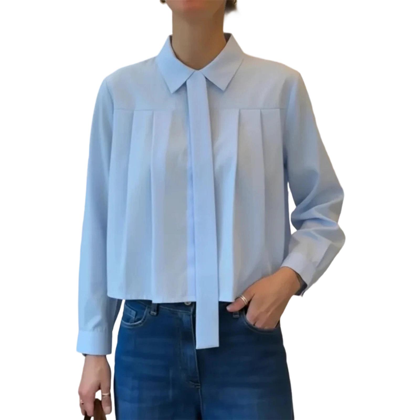 Women s Fashion Color Lapel Long Sleeved Pleated Short Shirt Versatile Top M