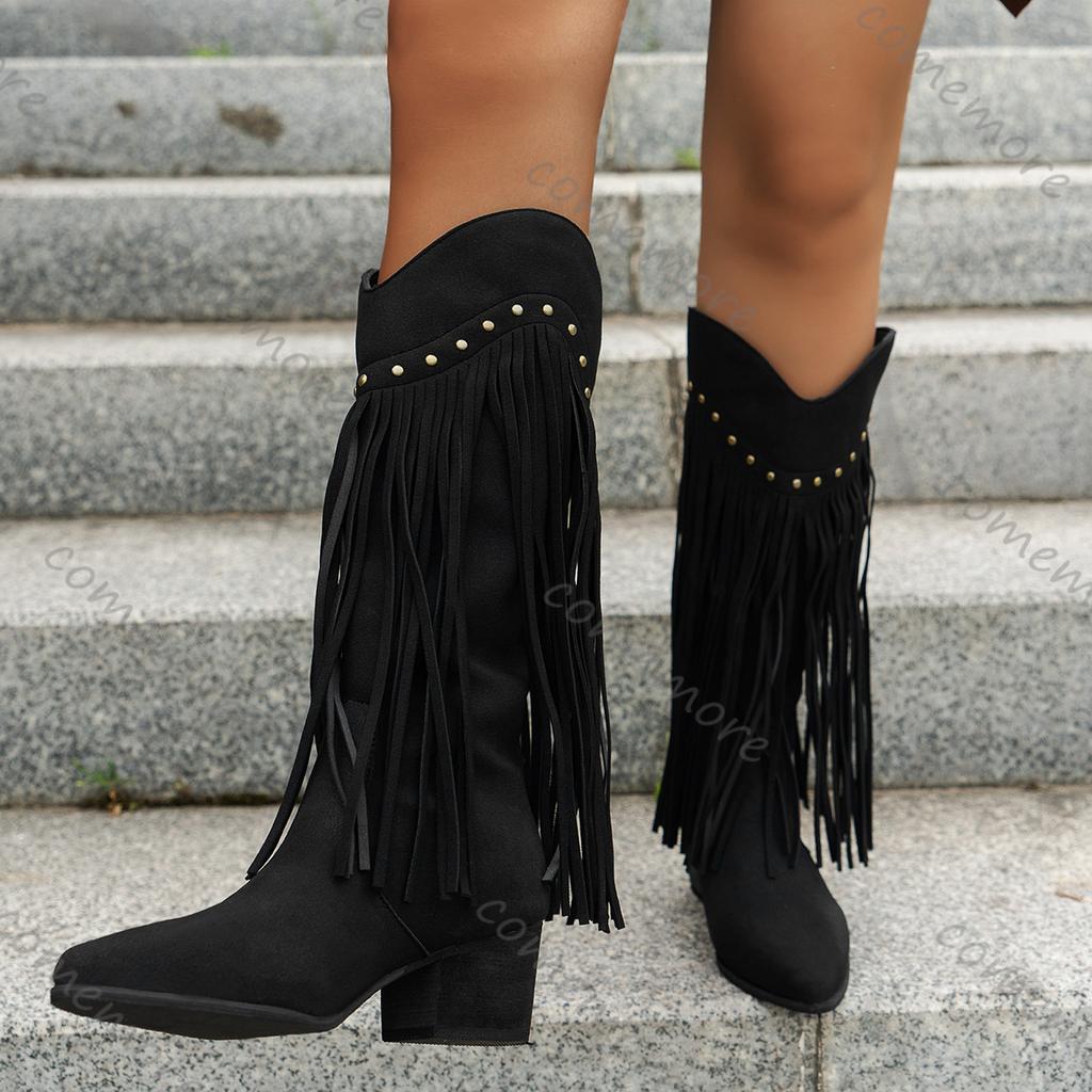 Fashion Comemore Fashion Tassel Long Boots Spring Autumn Women's Retro Pointed Head Solid Booties Vintage Shoes Rivet Knee-High Botas