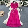 French High-end Temperament Heavy Industry Beaded Round Neck Short-sleeved Pleated Dress Women's Summer Waist and Thin Temperament Long Dress
