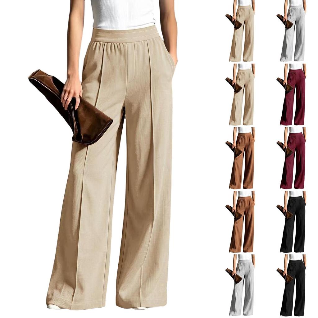 Women's Casual Wide Leg Pants with Pockets, Color Ribbed Knit Trousers for Everyday Outfits