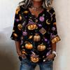 Women's Casual V-Neck Ruffle Trim Patchwork Sleeve Loose Fit Halloween Print Top