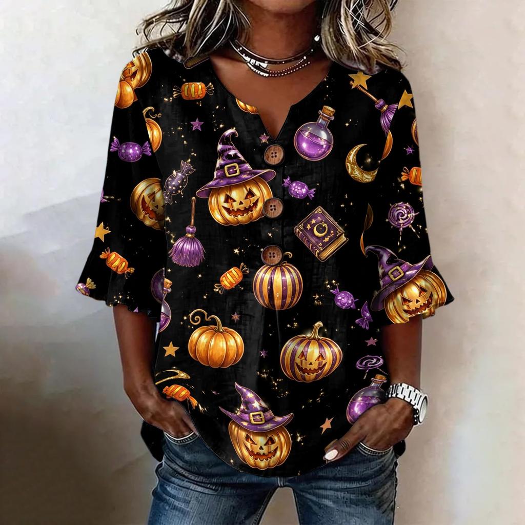 Women's Casual V-Neck Ruffle Trim Patchwork Sleeve Loose Fit Halloween Print Top