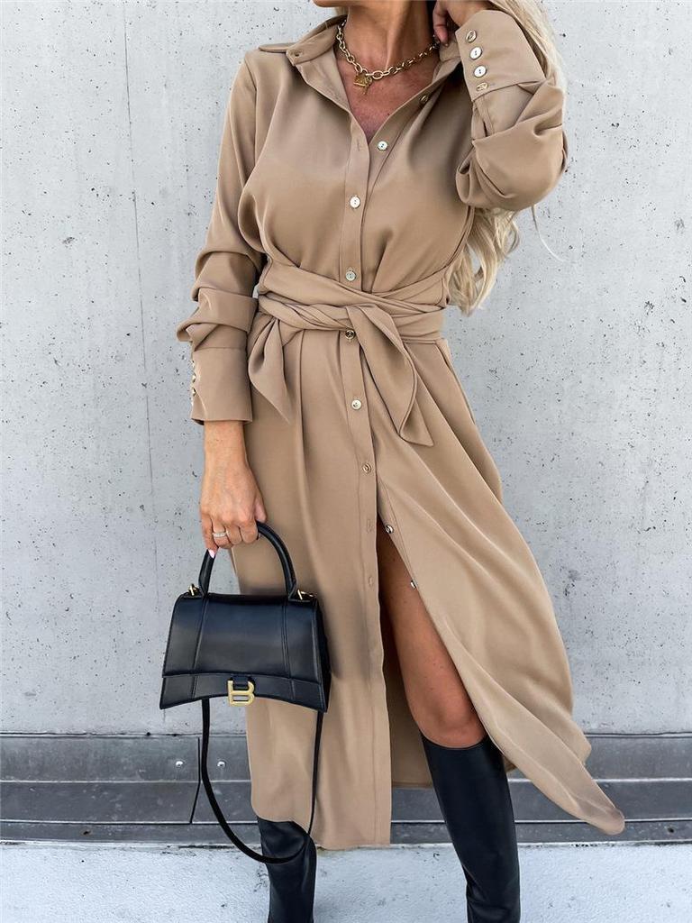 Europe, America, autumn and winter new women's clothing solid color long dress cardigan long sleeve big swing dress