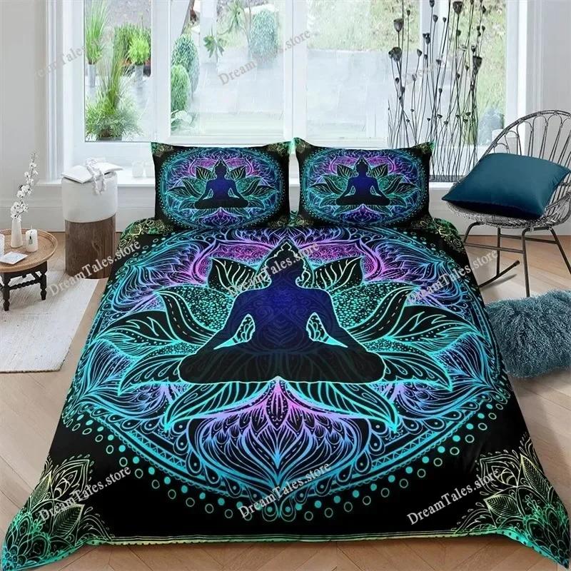 Funda nórdica de meditación de chakras bohemios, juego de cama de yoga con temática relajante, funda de edredón de loto con mandala exótico, decoración para dormitorio tamaño king