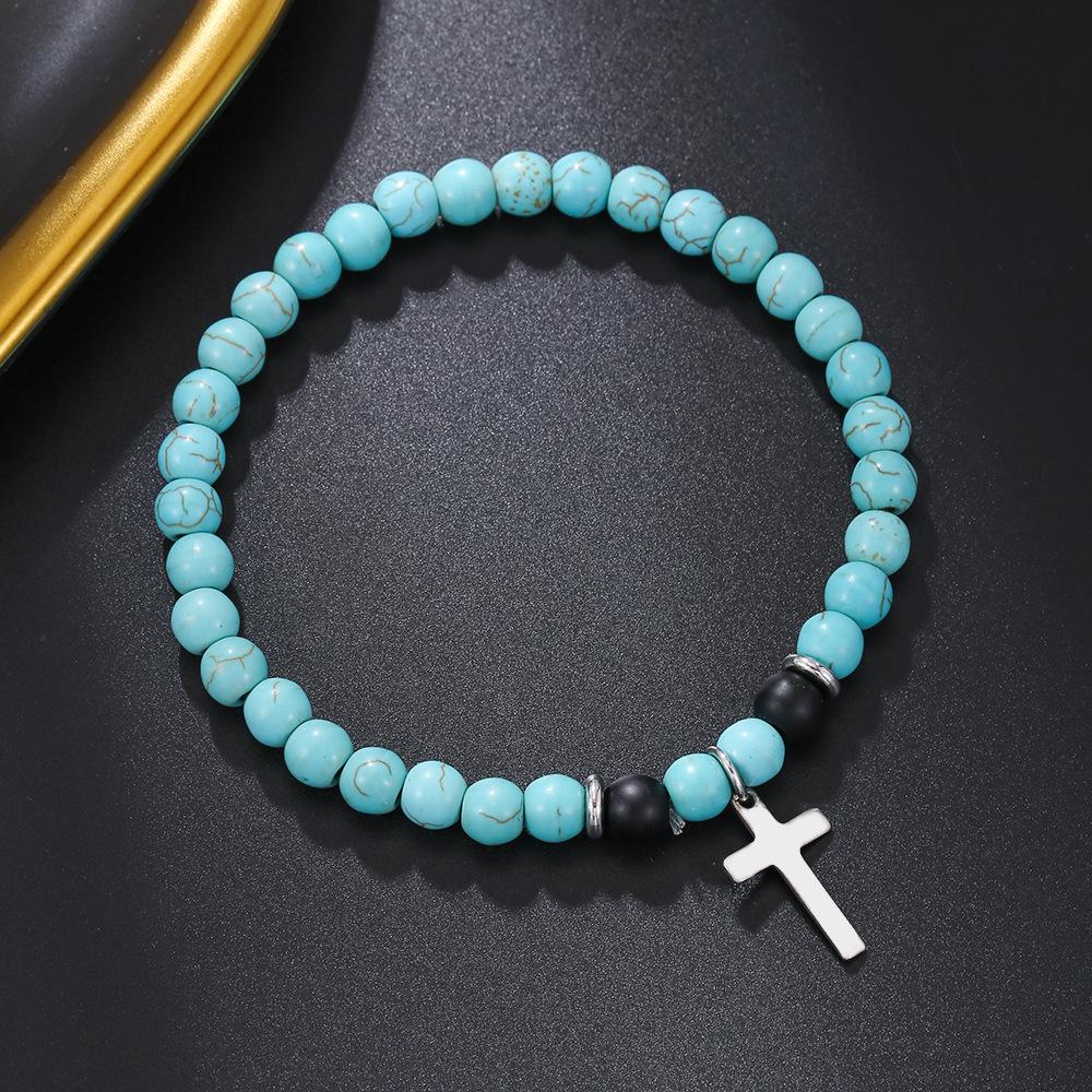 

New Cross Bracelet For Men White Howlite Lava Stone Beaded Braclet Leisure Accessories Hombre Black Meditation Strand Braslet