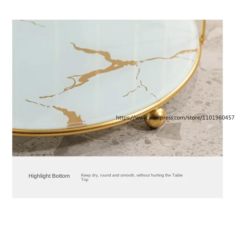 Gilding Marble Texture Storage Tray Round Glass Serving Trays Dresser Table Skincare Cosmetic Containers Jewelry Organizer Shelf