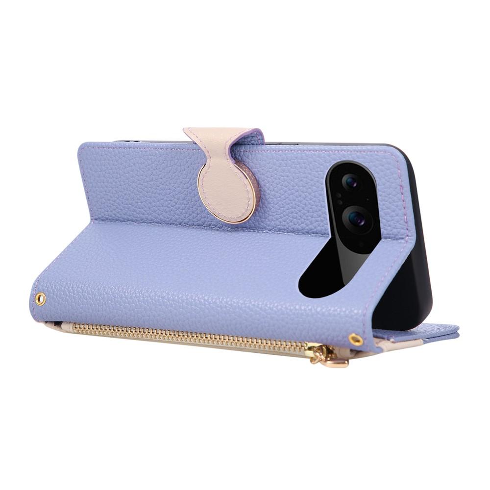 Wallet Case for Pixel 9 - TPU+Leather/PU, Purple, With Lanyard