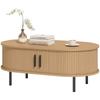 Oval Wooden Coffee Table, Sliding Doors, Hidden Storage, 100 x 55 x 40 cm, Natural Wood