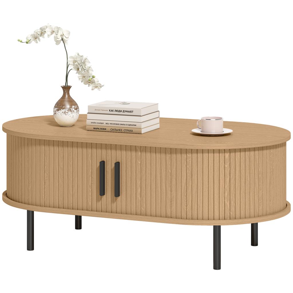 Oval Wooden Coffee Table, Sliding Doors, Hidden Storage, 100 x 55 x 40 cm, Natural Wood