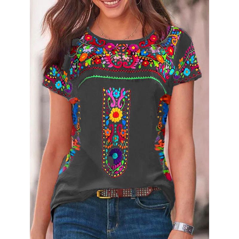 

Європейський та американський богемний стиль 2023 року Жіноча мода Круглий виріз Короткий рукав Футболка з принтом S