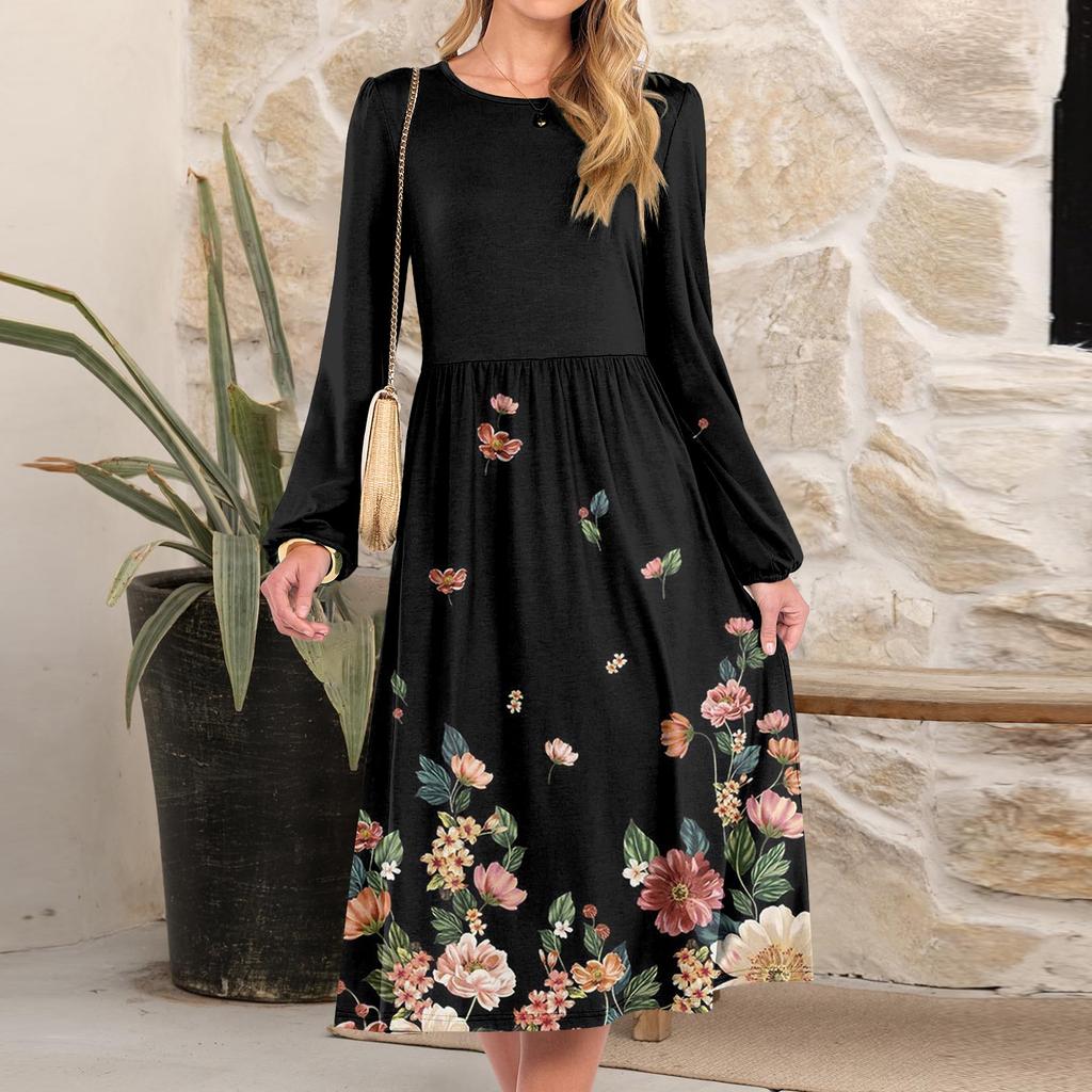 Women's fashionable loose retro printed round-neck dress