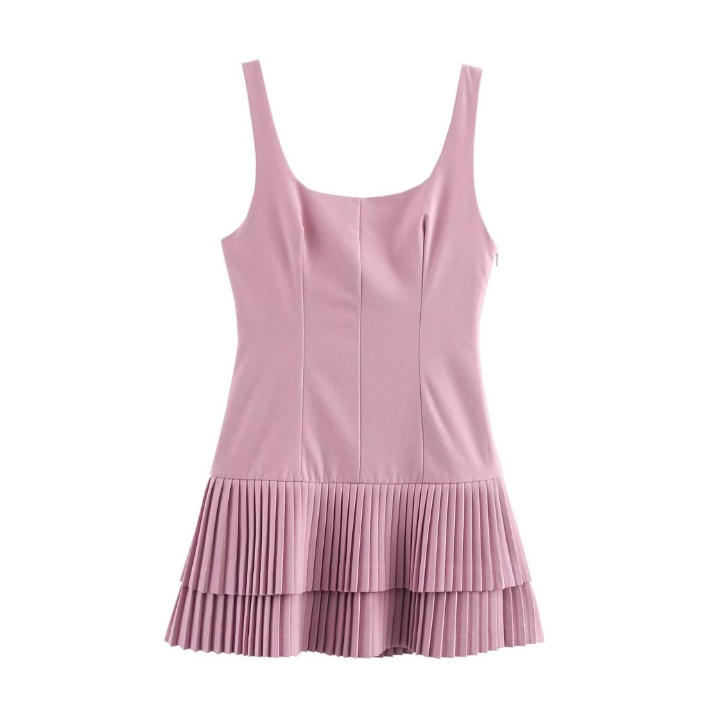 LYRIA Women Fashion Square Collar Sleeveless Solid Mini Dress Female Summer Pleated Dress Chic High Street Slim Short Dress