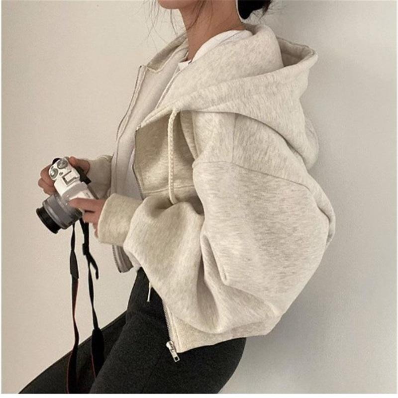 Women s Cropped Zip-Up Hoodie Casual Long Sleeve Jacket L серый ясень