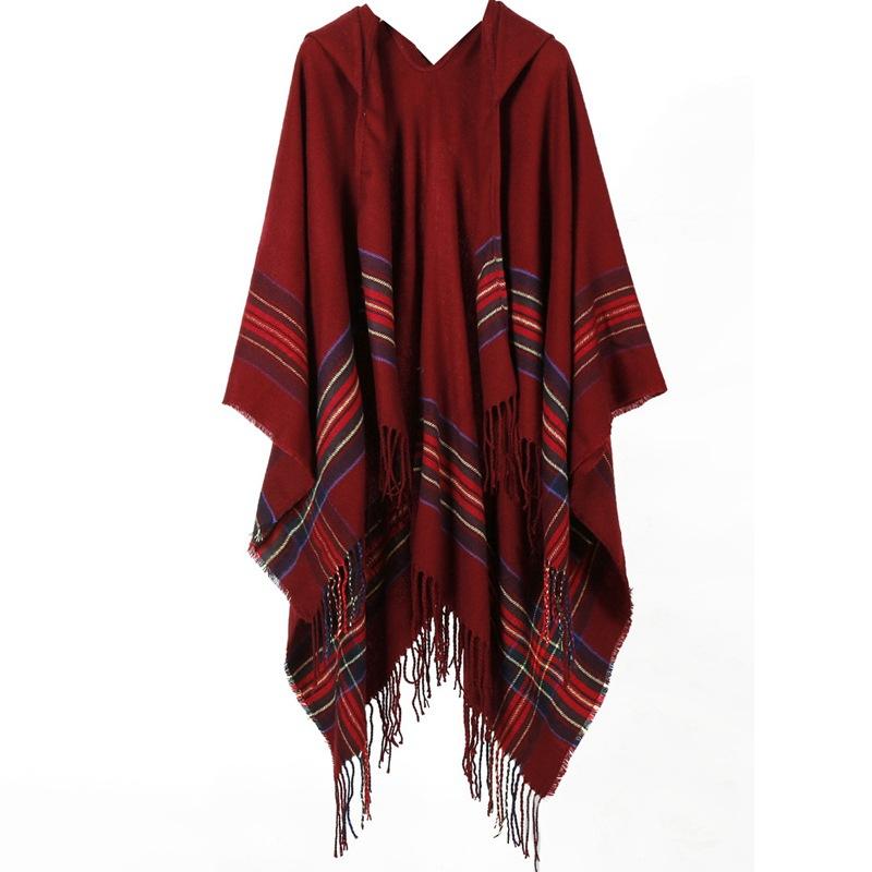 Шапка полосатая вязаная шаль женская кисточка теплая накидка шарф шаль двойного назначения красный