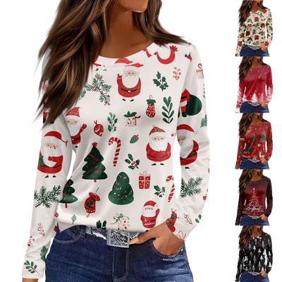 Γυναικείο Μόδα Casual Σκίσιμο στο Στρίφωμα Στρογγυλή Λαιμόκοψη Μακρυμάνικο Φαρδύ Χριστουγεννιάτικο Μπλουζάκι με Πρίνα Κυρίες Τοπ