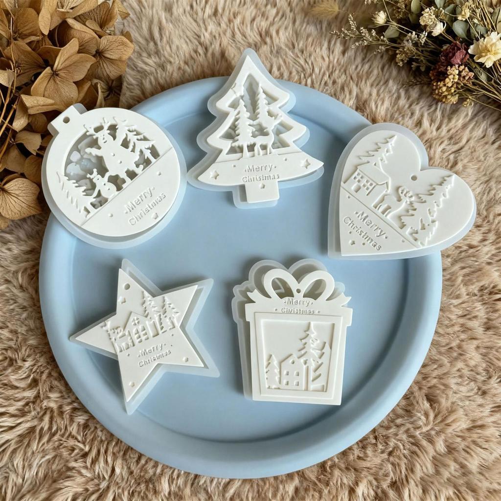 Silicone Molds Christmas Heart Round Tree Star-Shaped Hanging Ornament Silicone Mold DIY Cement Plaster Clay Craft Molds