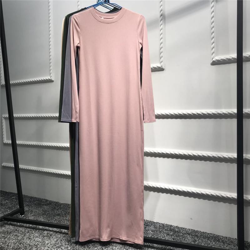Abaya Muslim Women Stretch Maxi Dress Plain Robe Long Bodycon Dresses Ramadan O-Neck