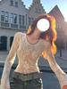 Women's Romantic French White Lace Long Sleeve Top - Lightweight, Round Neck, Luxury Elegance for Autumn and Winter.
