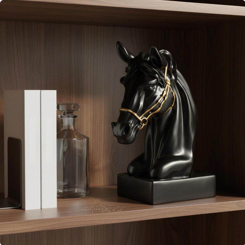 Horse Head Statue Light Luxury Tabletop Sculpture Gold Accents for Living Room