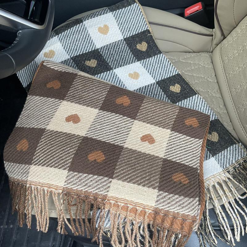 New Autumn and Winter Imitation Cashmere Women's Double-sided Heart-shaped Plaid Scarf Japanese Tassel Warm Shawl Couple Scarf