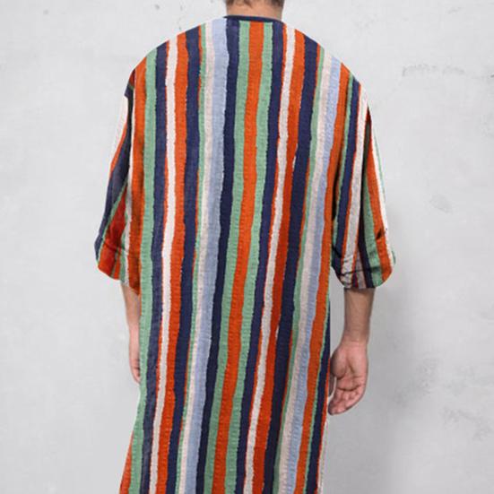 Gown Shirt Colorful Striped Pockets Single-breasted Round Neck Soft Long Shirt for Daily Wear