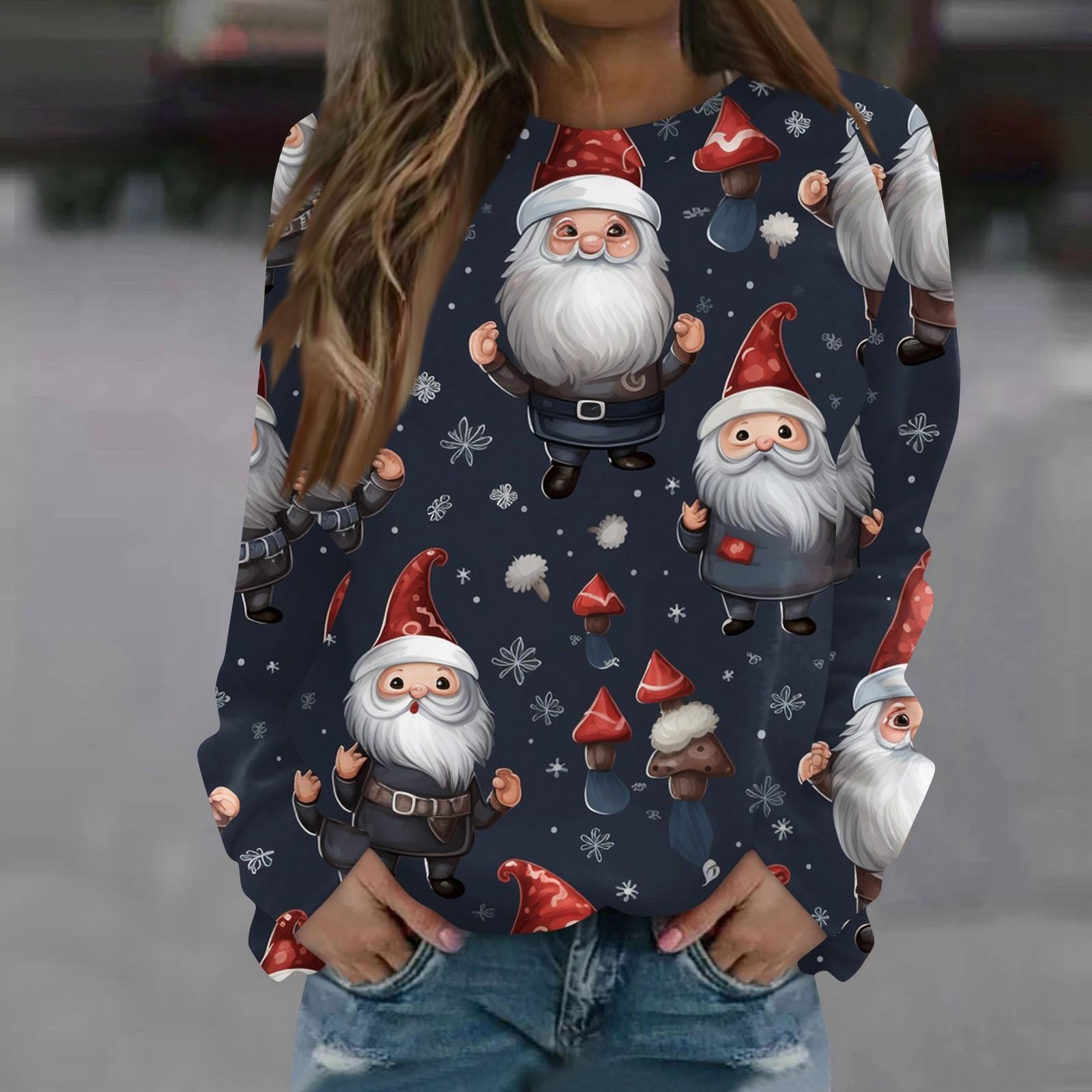 

Жіночий повсякденний модний різдвяний принт, пуловер з довгим рукавом і круглим вирізом, верхня блуза-світшот XL