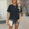 Summer Short Sleeve O Neck Solid Color Button Breathable Casual Women Pullover T Shirt Blouse Top
