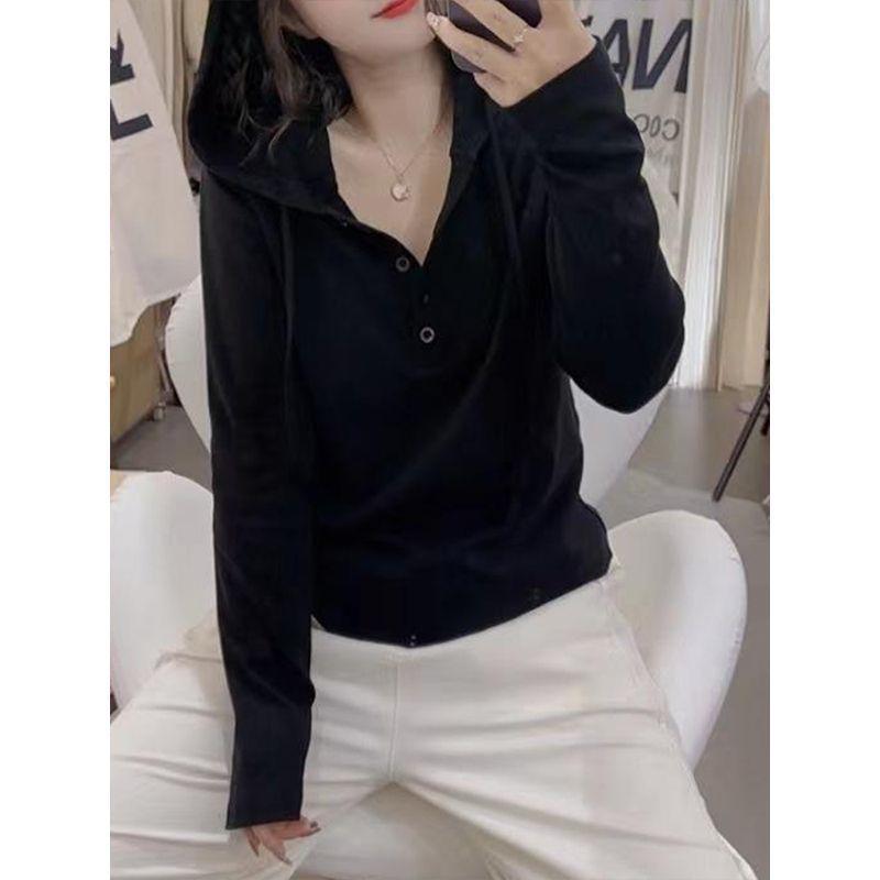 Women's Velvet Hooded Long-Sleeve Slimming T-Shirt for Spring/Autumn - Flaw-Hiding Plus Size Base Layer