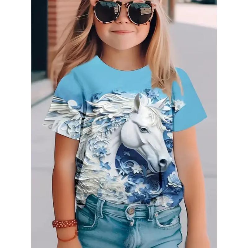 Summer Round Neck 3D Printed Top Fashionable Casual Short Sleeved Children's Girl T-shirts