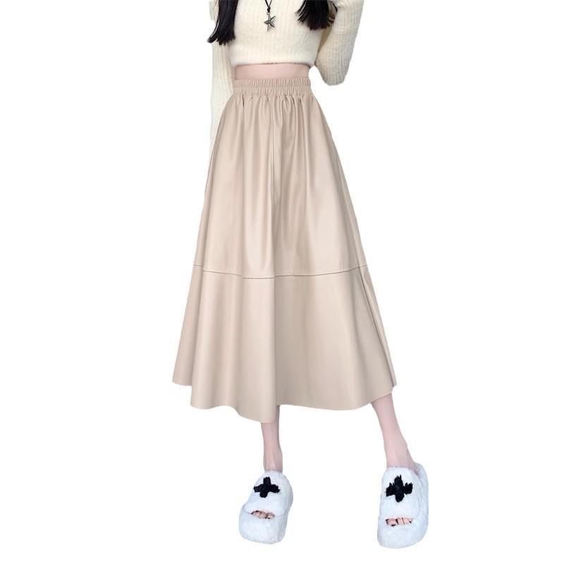 2024 Herbst/Winter Damen Schwarzer PU-Leder High-Waist A-Linien Midi-Rock