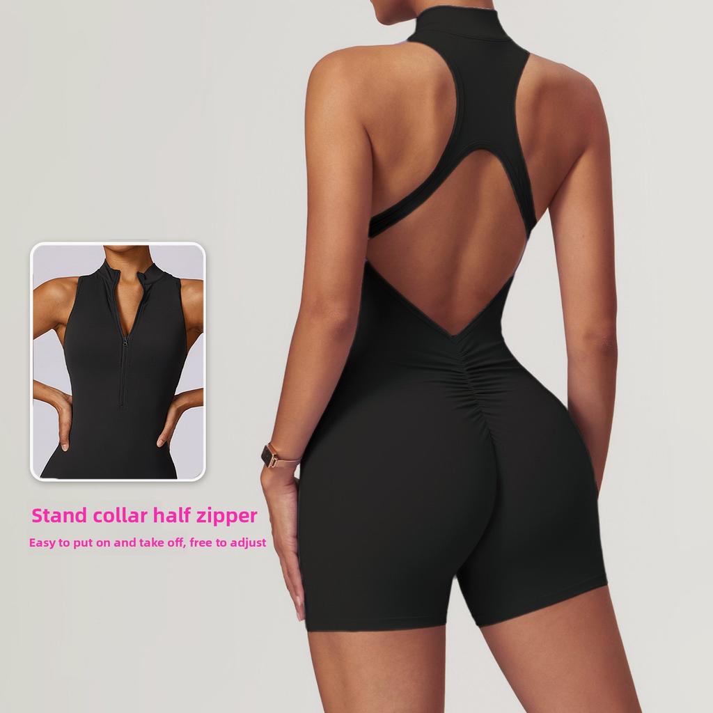 Summer Gym Jumpsuit Women's Fitness Suit Back Hollow Out Short Set Sports Overalls Woman Tracksuit Yoga Clothing Zipper Workout Sportswear With Chest