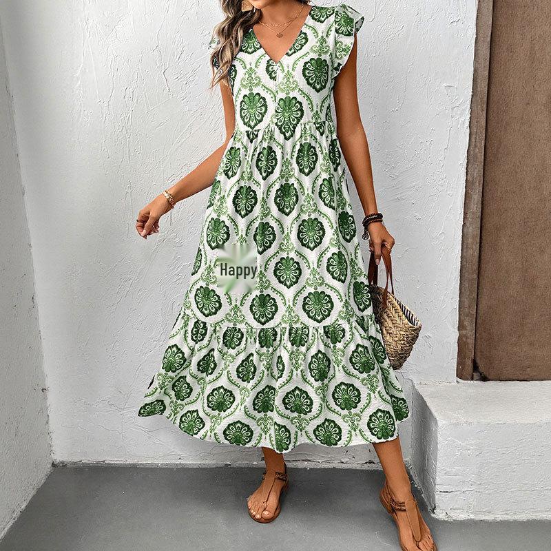 Summer French Resort Style Deep V-Neck Printed Maxi Dress