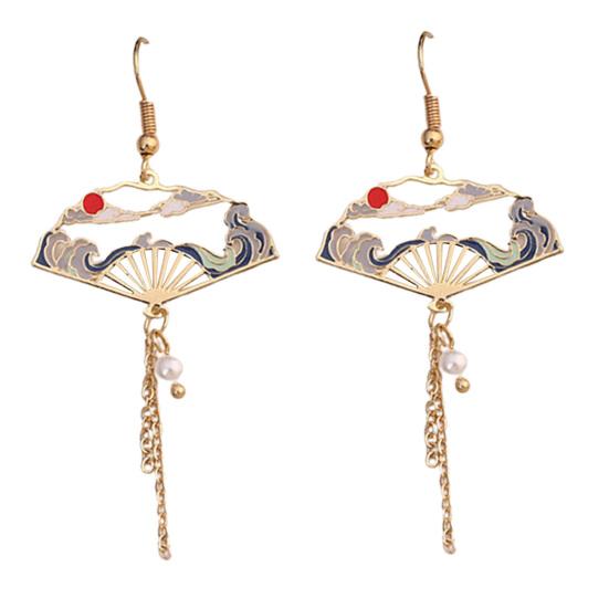 1 Pair Women Earrings Fan Crane Asymmetry Jewelry Animal Pendant Faux Pearl Painted Hook Earrings for Dating