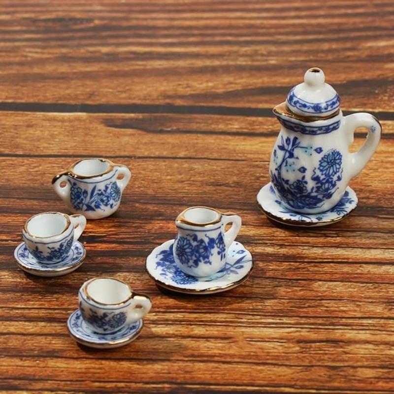 Mini Set da Tè in Ceramica da 15 Pezzi - Giocattolo Perfetto per Casa delle Bambole per Bambini - Piatti, Tazze e Cibo in Miniatura - Ottima Idea Regalo