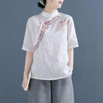 Women's Retro Embroidered Cotton-Linen Buttoned Shirt - 2024 Summer Zen Style