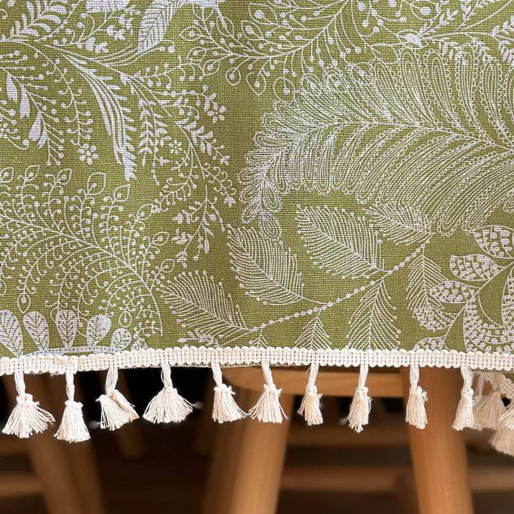 Green Printed Tablecloth Cotton Linen Leaf Pattern With Tassels For Restaurant,Picnic,Table Cover Round Table Overlay Dust Proof