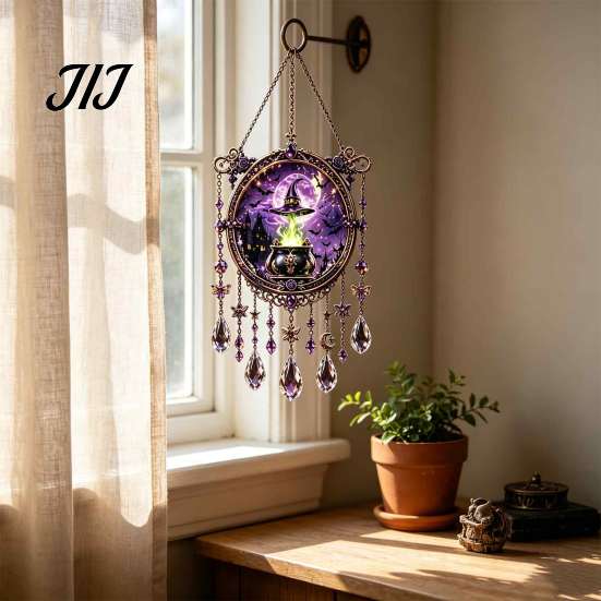 Acrylic Hanging Decor Halloween Crystal Window Suncatcher, Witch Wind Chime, Decorative Creative Birthday Presents Ornament for Indoor Outdoor Garden