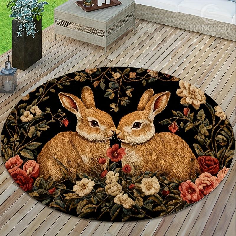 1Pcs Retro Oil Painting Style Bunny Round Carpet Soft Non-Slip Area Rug Colorful Floral Mat for Bedroom Entryway Decor