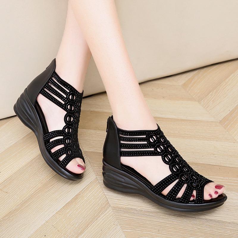 Large size sandals rhinestone wedge heel hollow fish mouth sandals women's spring and summer new hollow flat-soled thick-soled women's shoes